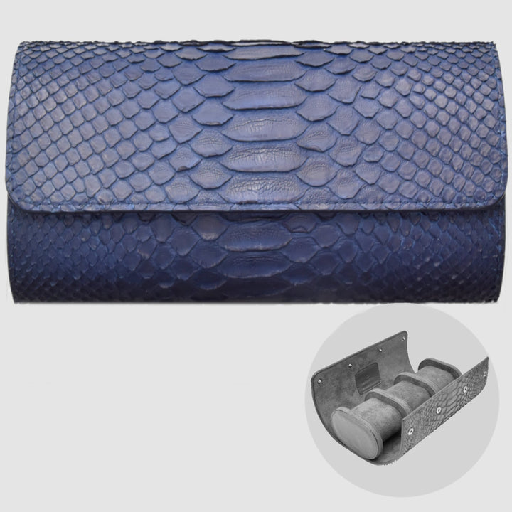 Portaorologio Watch Roll in Pelle di Pitone Blu Navy Personalizzato 3 slots per 3 orologi