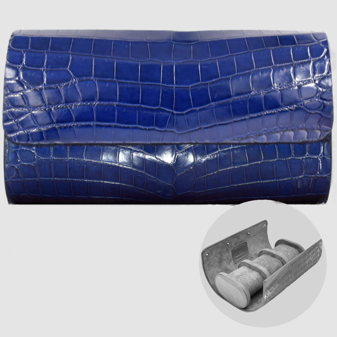 Portaorologio Watch Roll in Pelle di Coccodrillo Blu Personalizzato 3 slot per 3 orologi