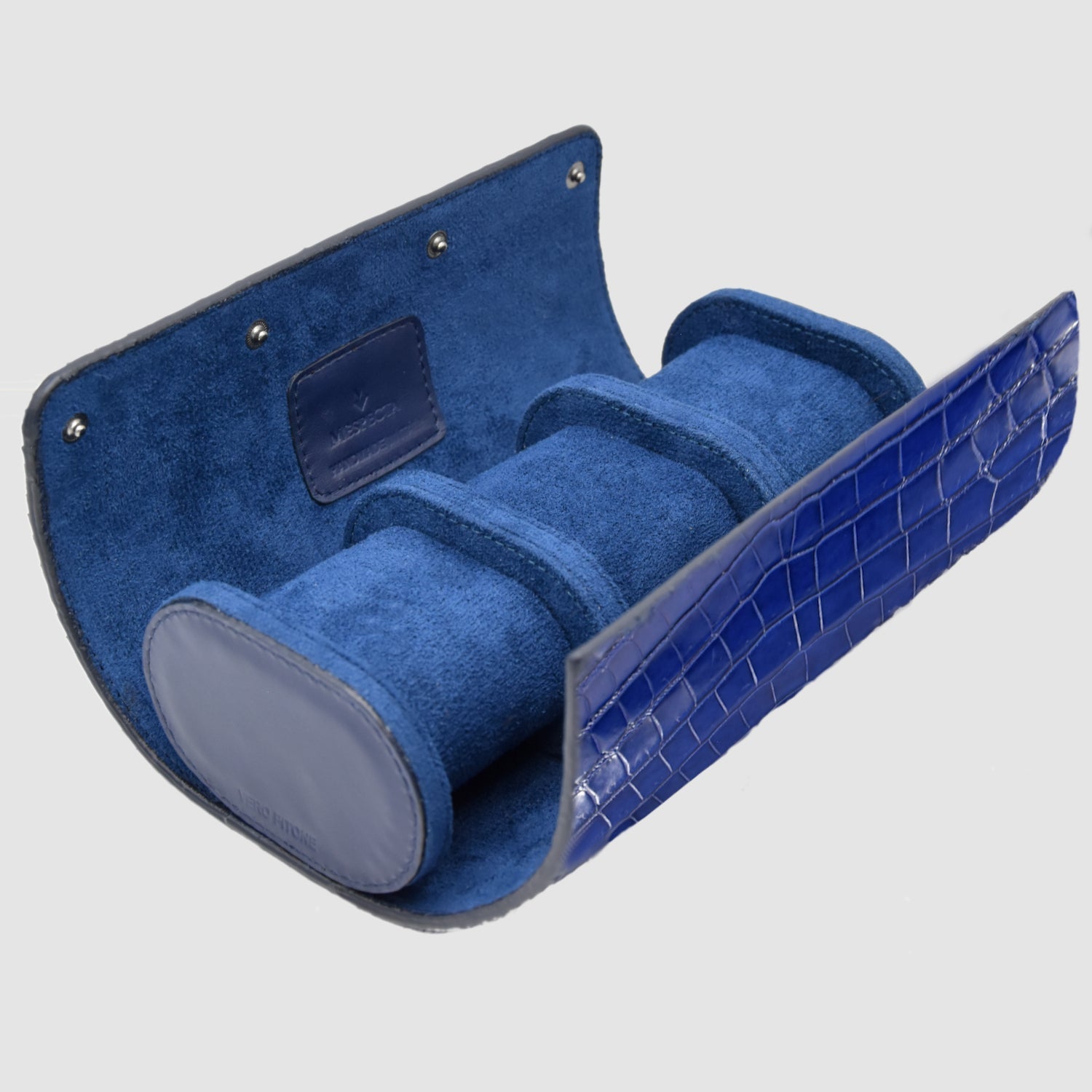 Portaorologio Watch Roll in Pelle di Coccodrillo Blu Personalizzato 3 slot per 3 orologi