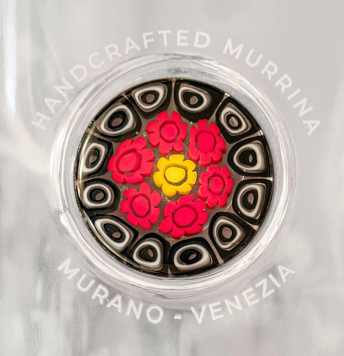 Glass Bottle with Handcrafted Murrina of Murano - Black, Red, Yellow.