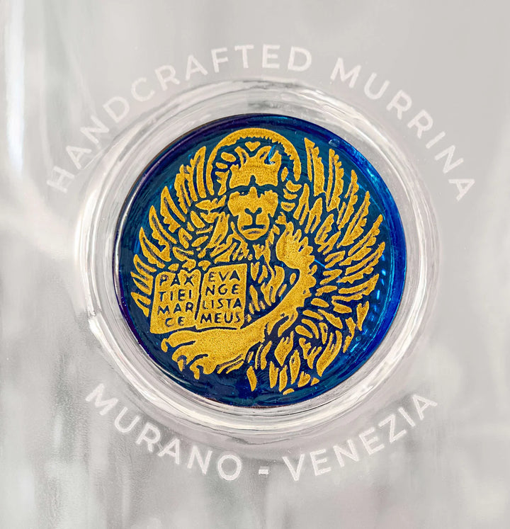 Glass Bottle with Cobalt Blue Murano Glass Medallion with Gold Lion.