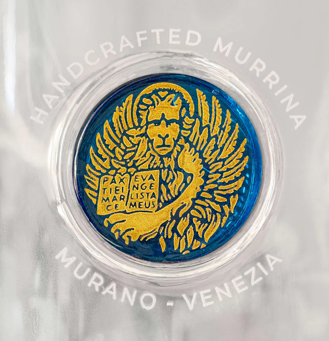 Glass Bottle with Light Blue Murano Glass Medallion with Gold Lion.