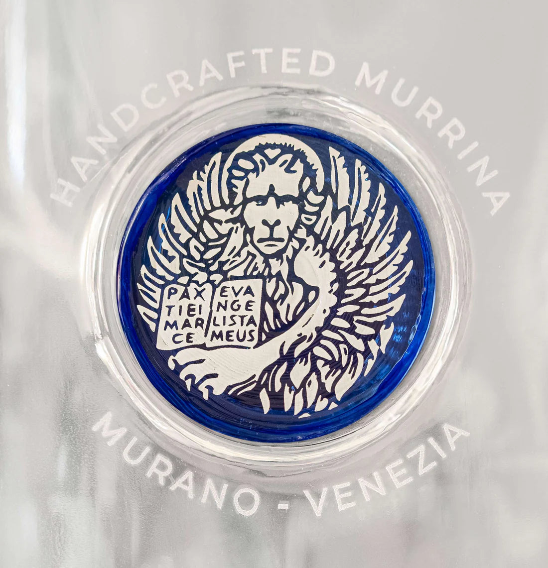 Glass Bottle with Bluino Murano Glass Medallion printed with White Lion.