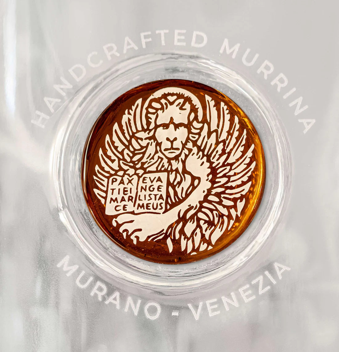 Glass Bottle with Amber Murano Glass Medallion decorated with White Lion.