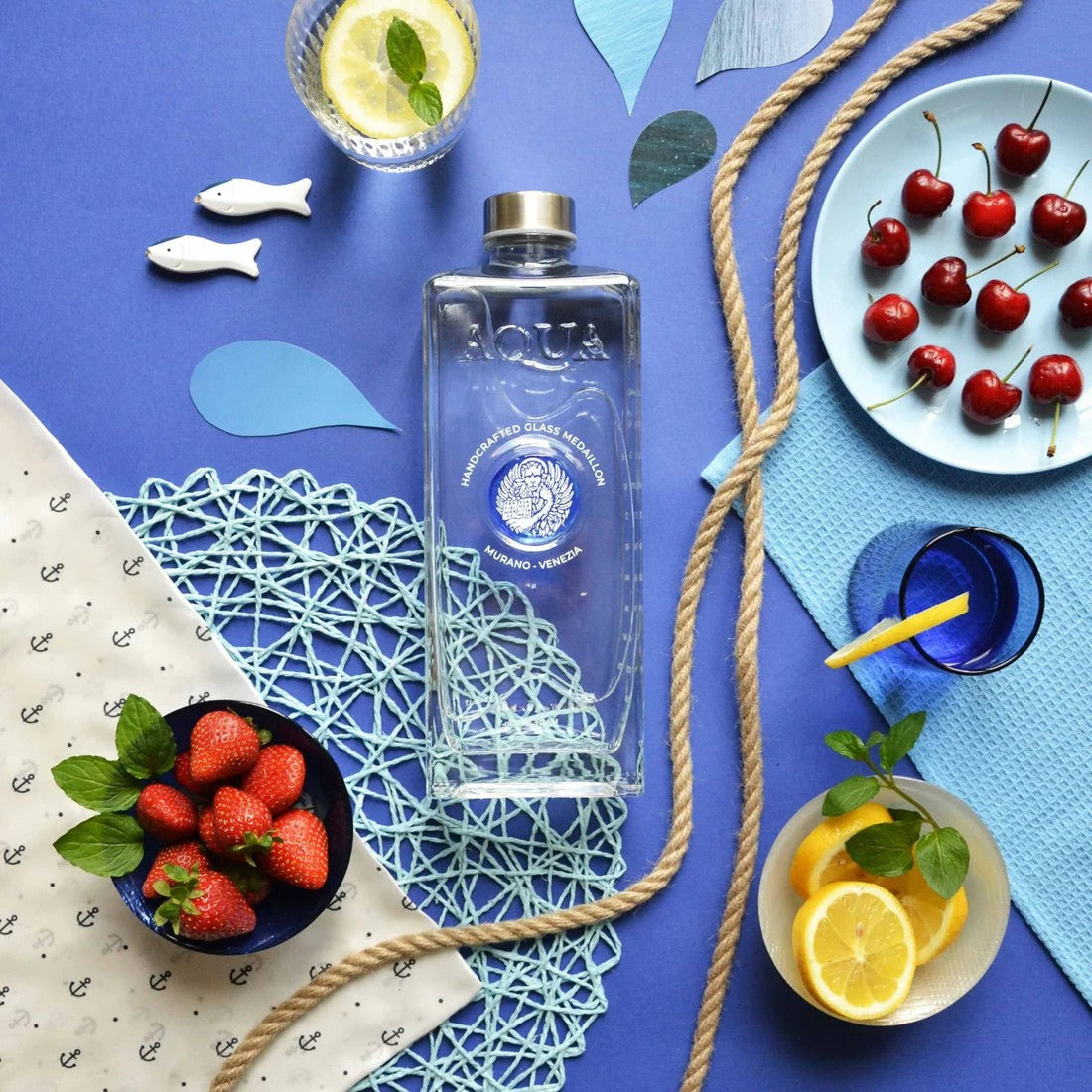 Glass Bottle with Bluino Murano Glass Medallion printed with White Lion.