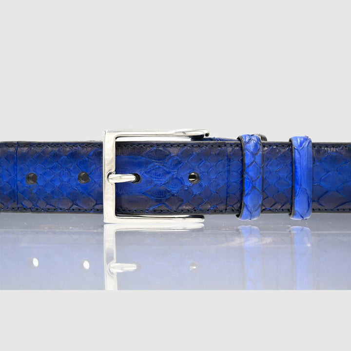 Cintura Uomo in vera pelle di Pitone Blu colorato a mano Personalizzabile