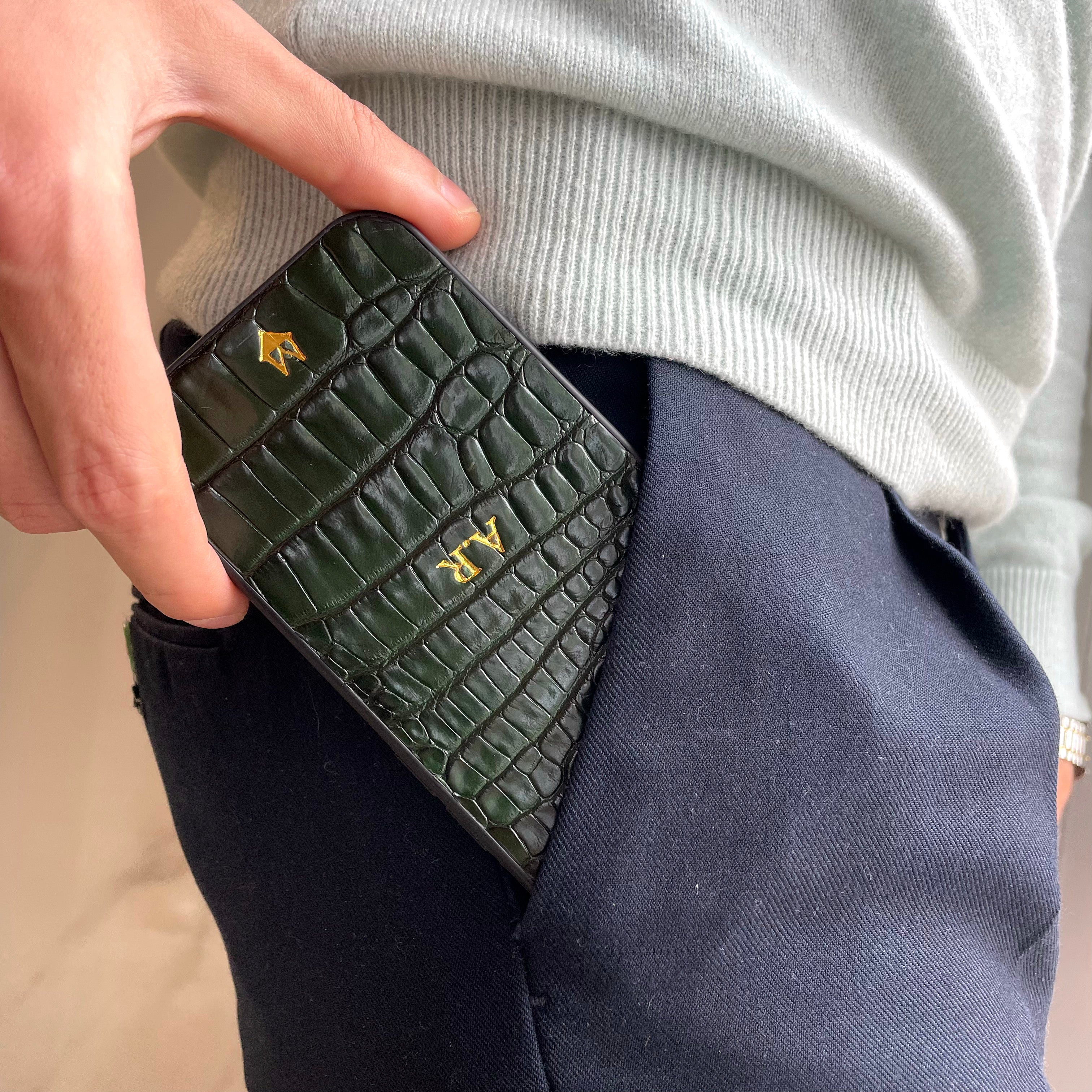 Cover in vera pelle di Coccodrillo iPhone MagSafe 17/16/15/14/13/12  Verde Bosco