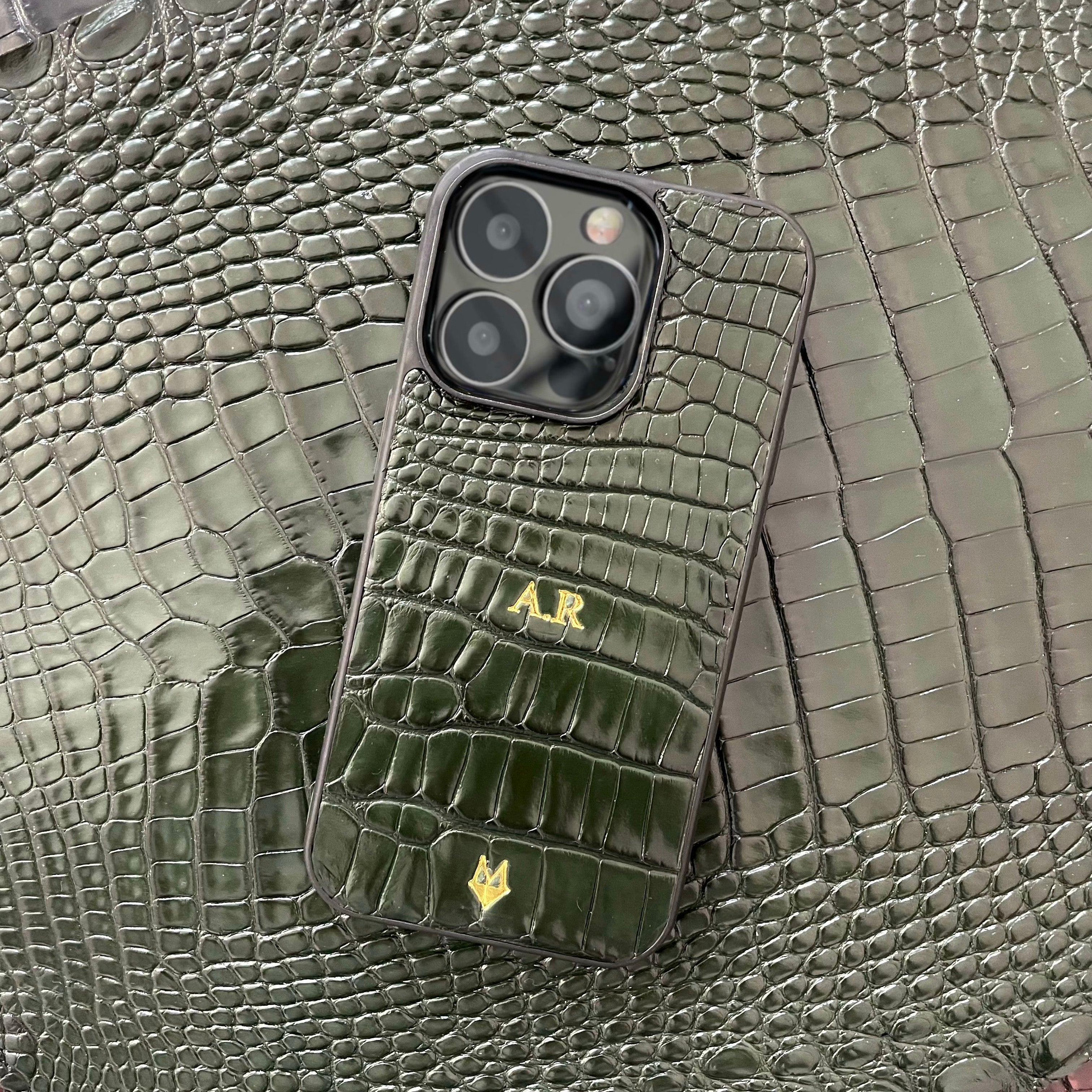 Cover in vera pelle di Coccodrillo iPhone MagSafe 17/16/15/14/13/12  Verde Bosco