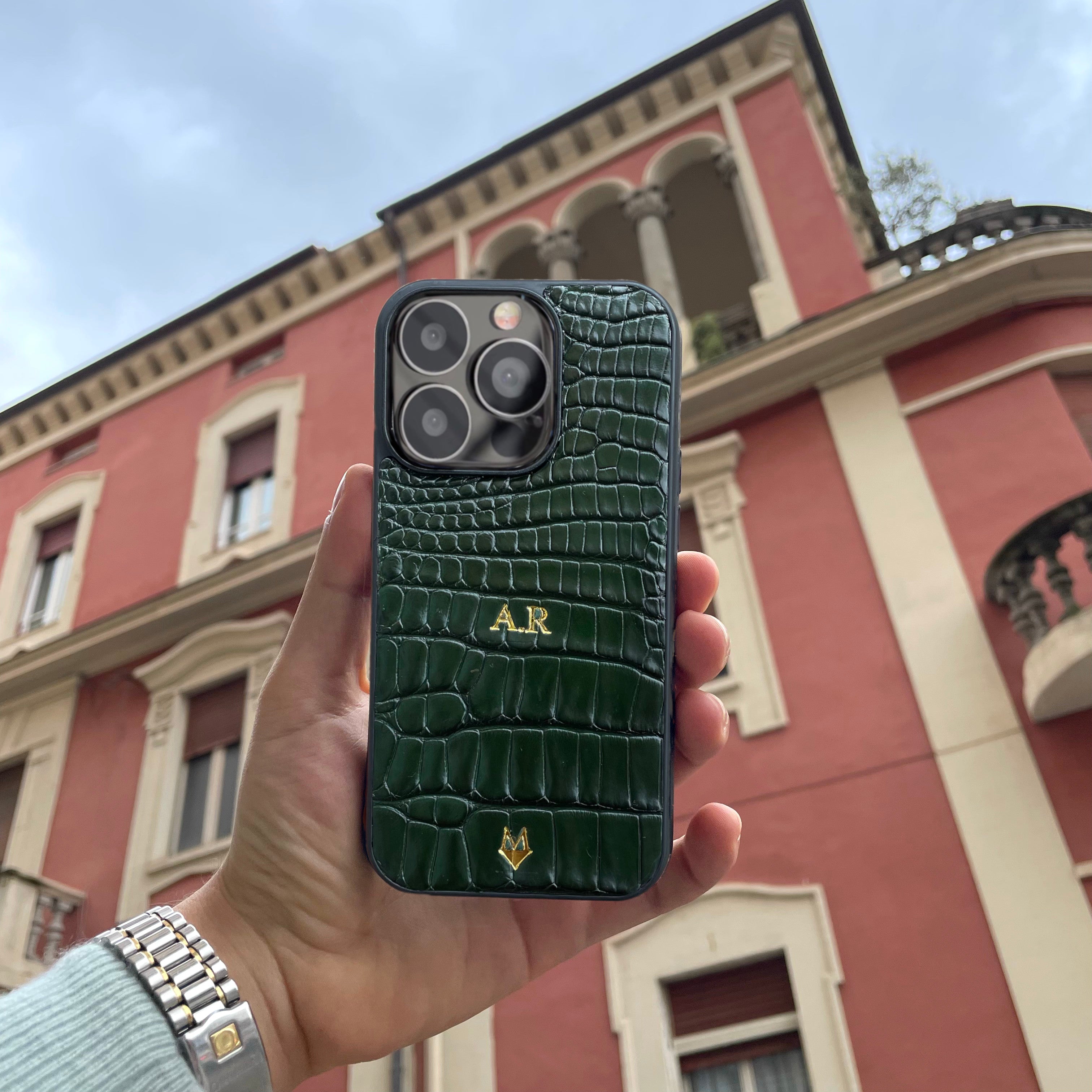 Cover in vera pelle di Coccodrillo iPhone MagSafe 17/16/15/14/13/12  Verde Bosco