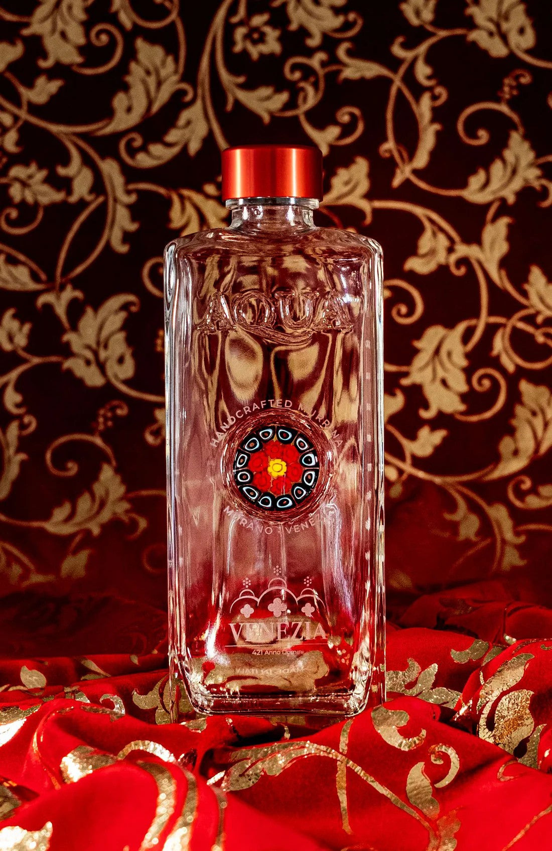 Glass Bottle with Handcrafted Murrina of Murano - Black, Red, Yellow.