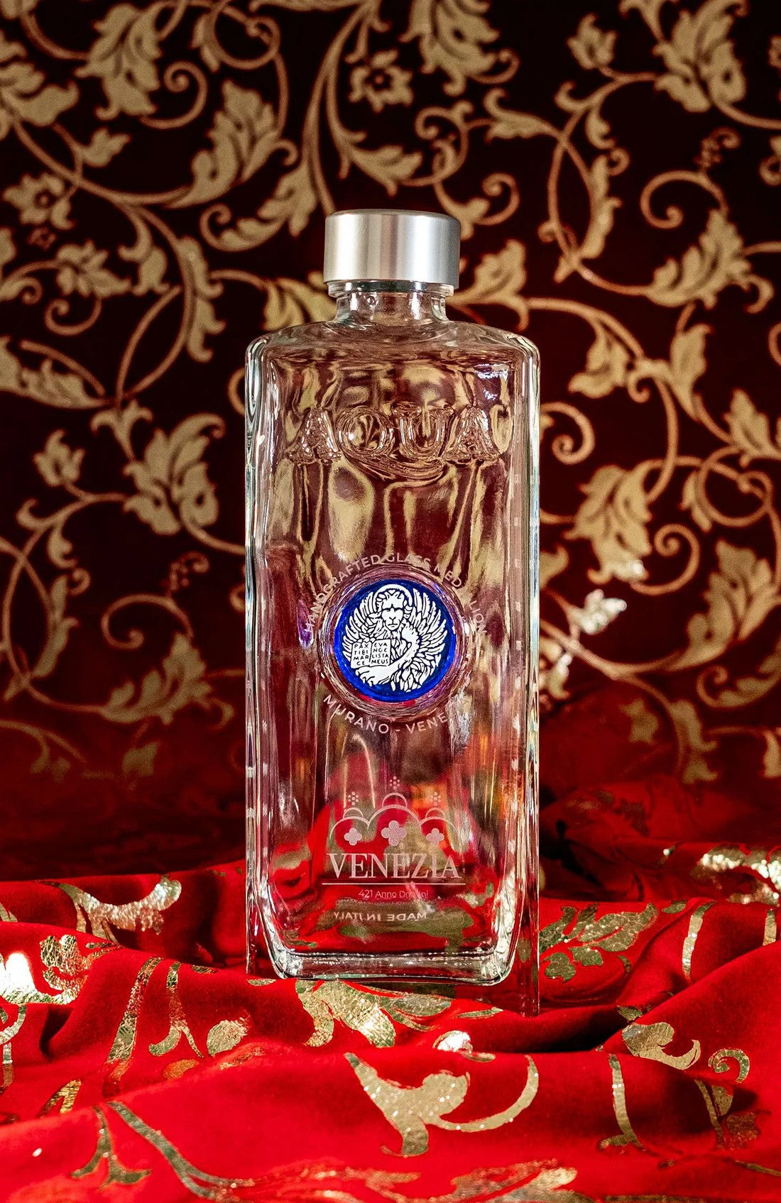 Glass Bottle with Bluino Murano Glass Medallion printed with White Lion.
