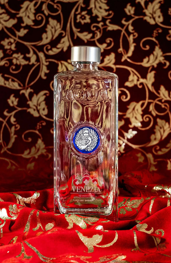 Glass Bottle with Bluino Murano Glass Medallion printed with White Lion.