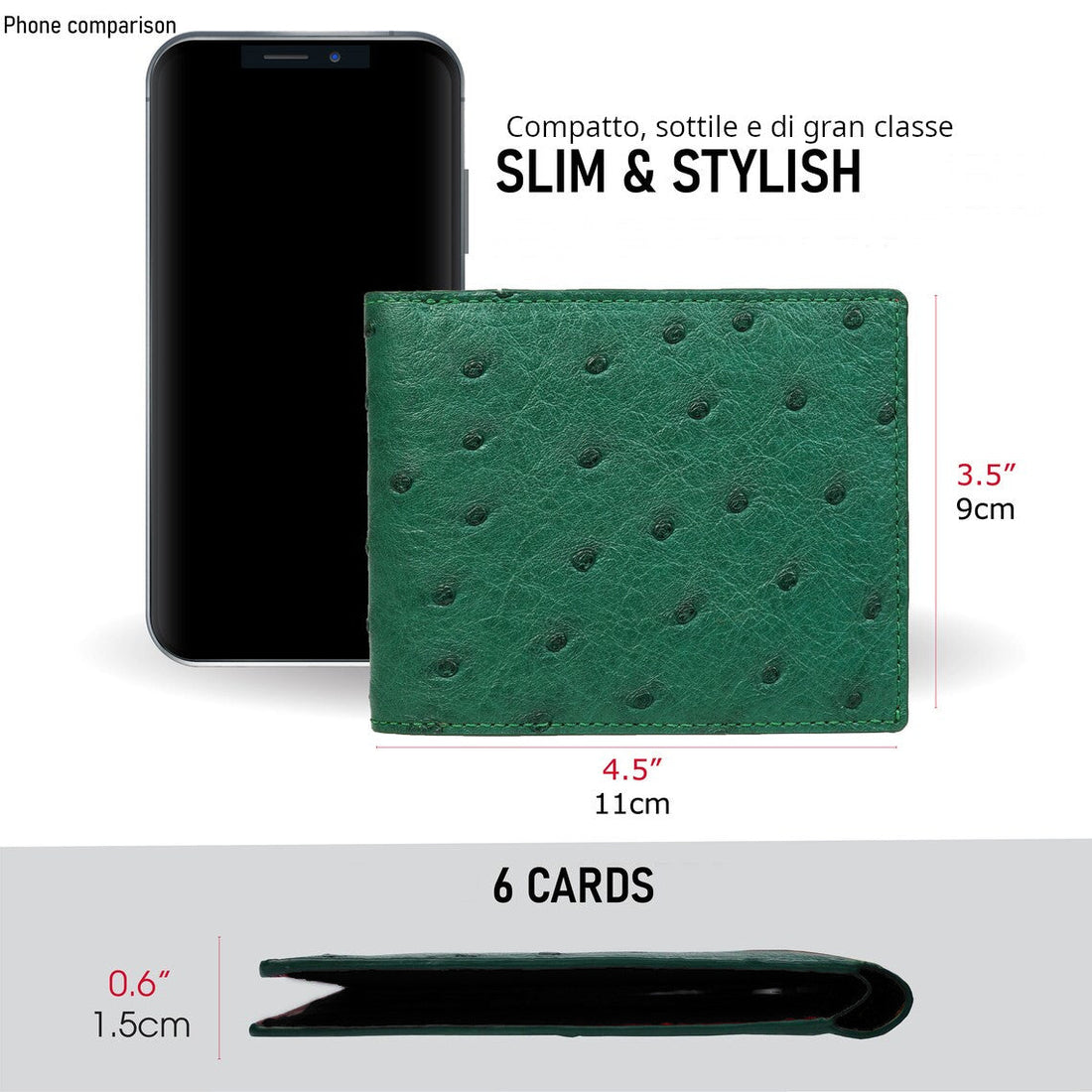 Portafoglio mod. "Esemplare" in vera pelle di Struzzo Personalizzabile - Verde Scuro