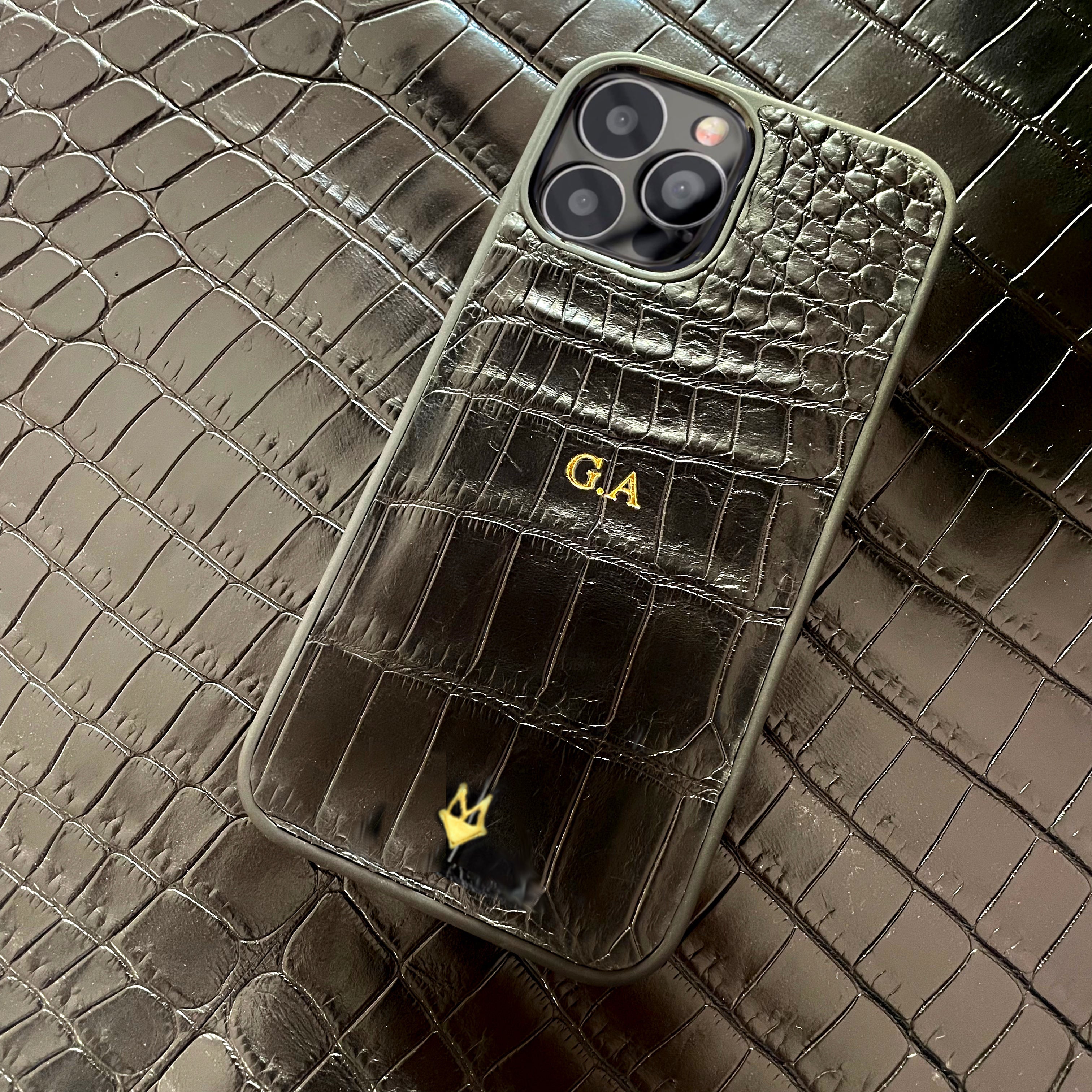 Cover in vera pelle di Coccodrillo iPhone 17/16/15/14/13/12 MagSafe Personalizzabile Nero