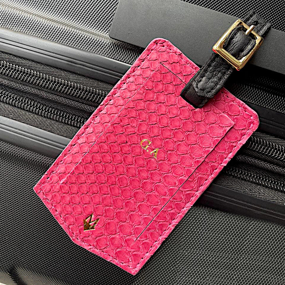 Etichetta personalizzabile in pelle per bagaglio - vera pelle di Pitone Fuchsia