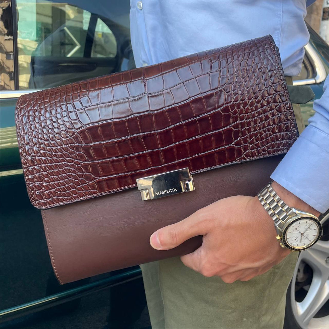 Pochette Clutch mod "Agostino" borsa in vera pelle di coccodrillo - Personalizzabile con iniziali - Marrone