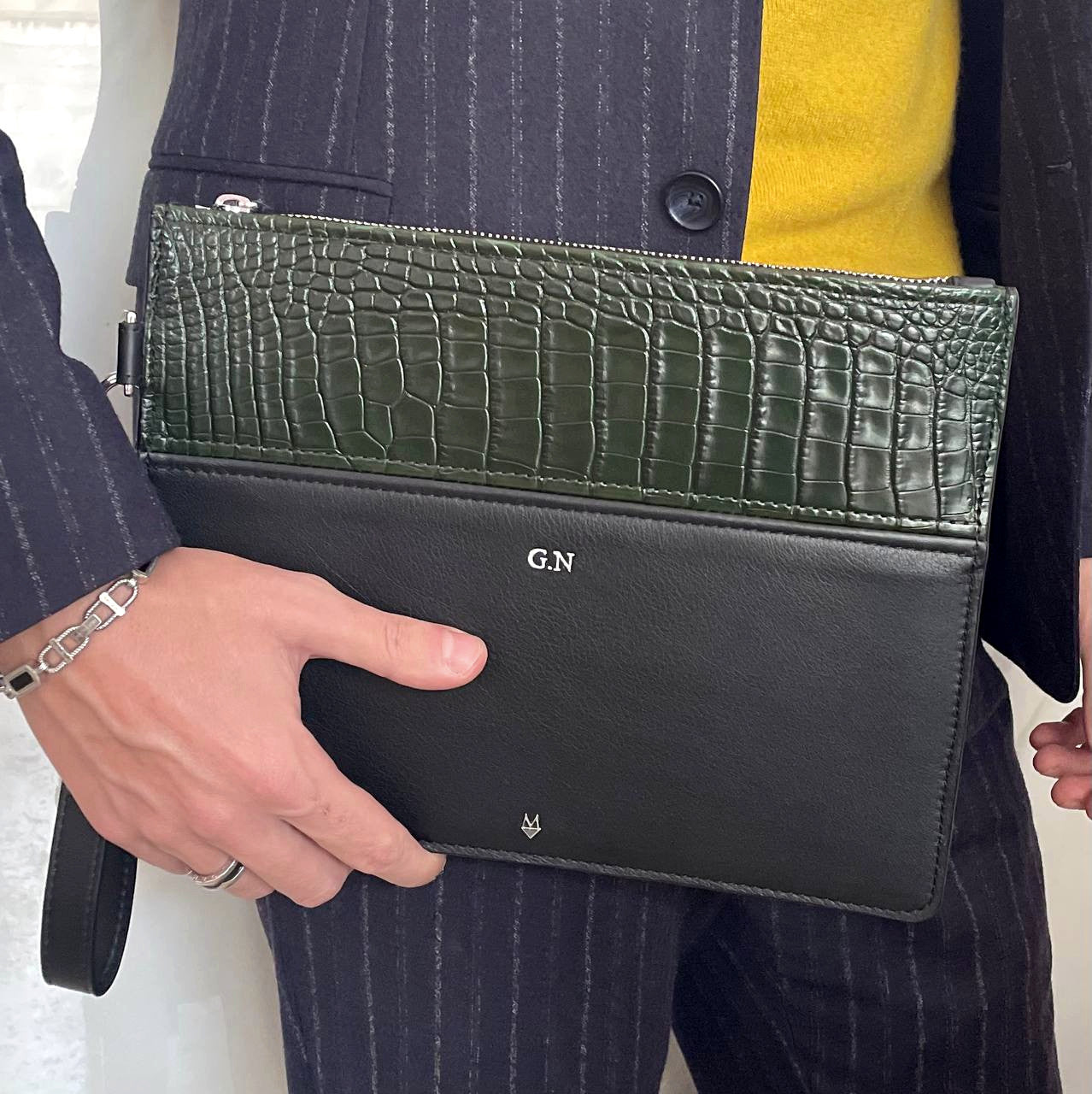 Pochette Clutch borsello Uomo in vera pelle di Alligatore - Personalizzabile con iniziali - Verde Bosco