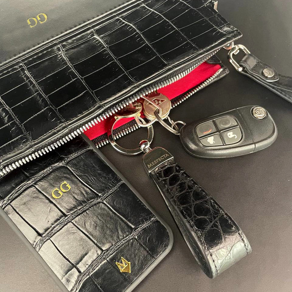 Pochette Clutch borsello Uomo in vera pelle di Coccodrillo - Personalizzabile con iniziali - Nero