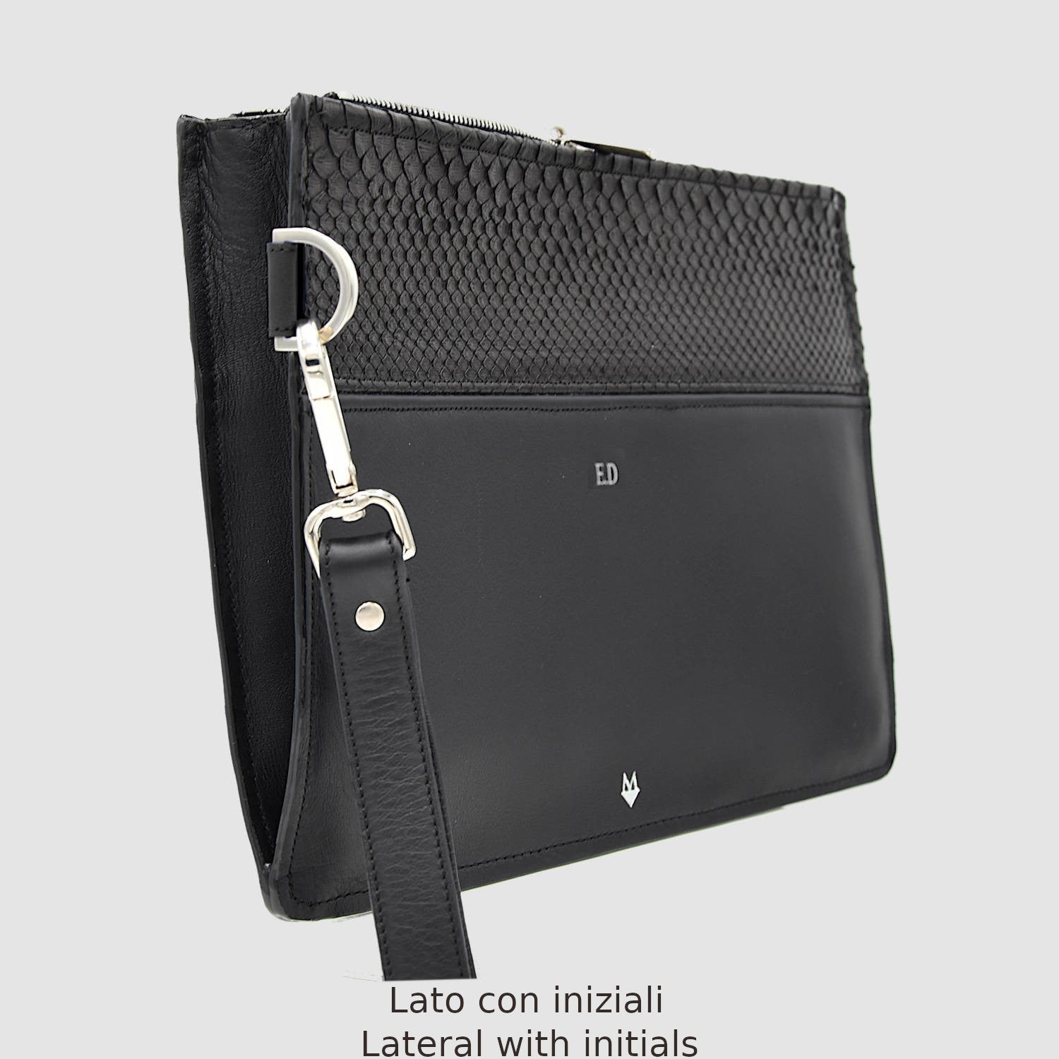 Pochette borsello uomo mod. "Maestro" vera pelle di Pitone - Personalizzabile con iniziali Nero