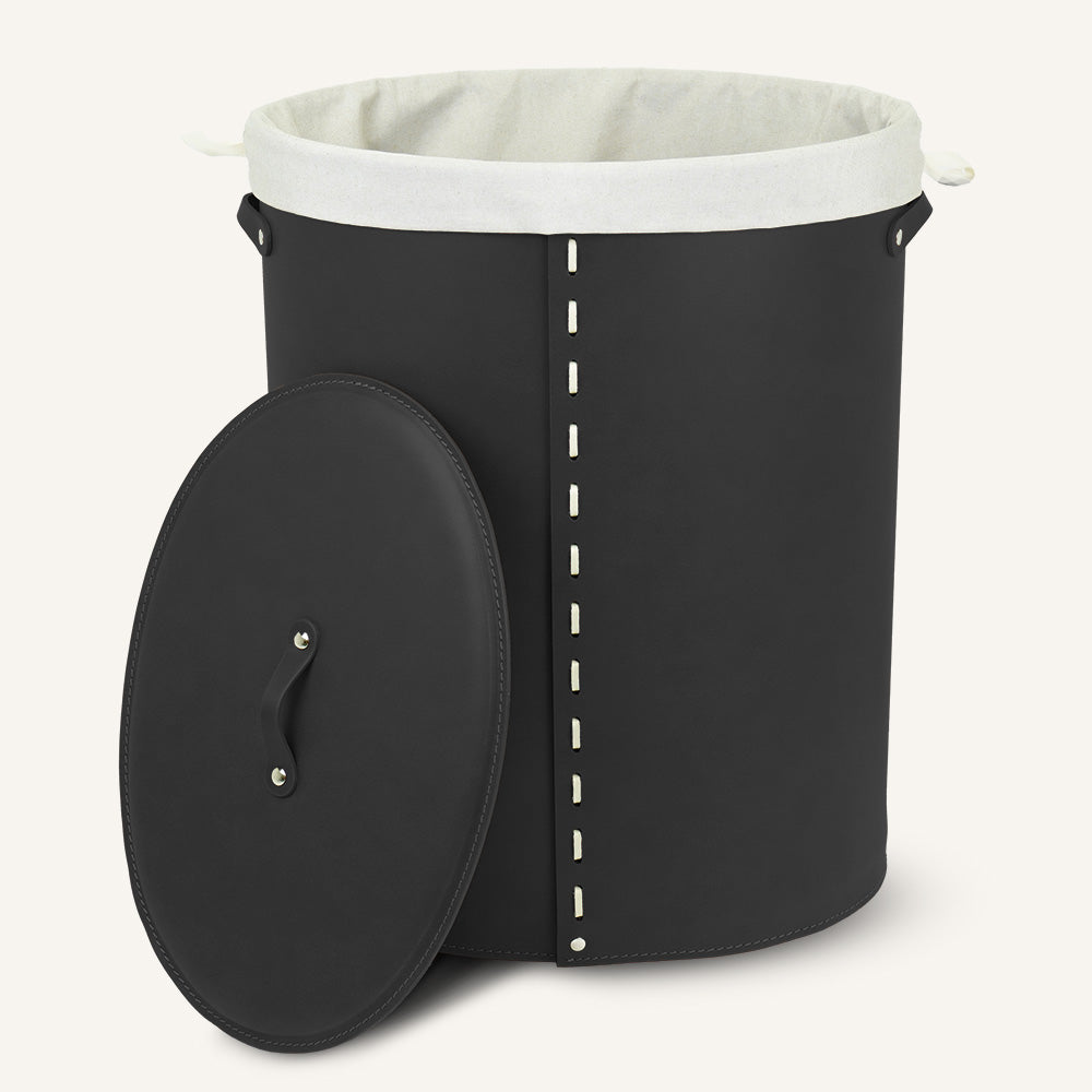 Portabiancheria ovale in cuoio RICKY - Nero, Deluxe