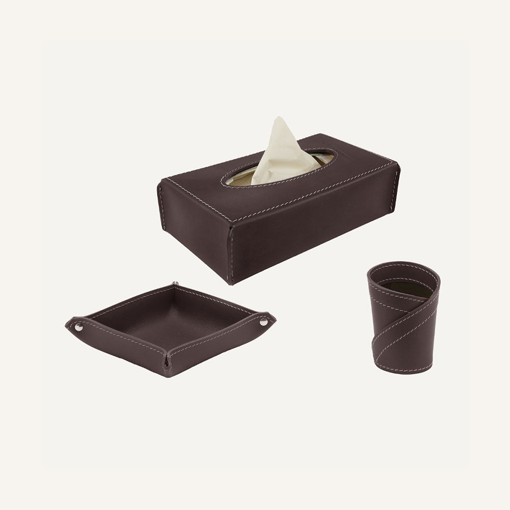 Elegante set da scrivania 3 pezzi in cuoio TRINY - Marrone scuro