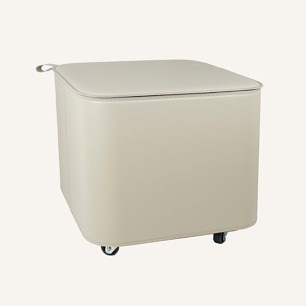 Elegante contenitore di design in acciaio e cuoio PUFFO - Avorio antico