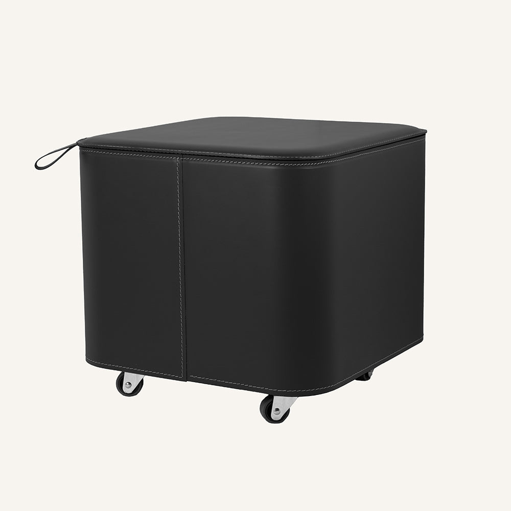 Elegante contenitore di design in acciaio e cuoio PUFFO - Nero