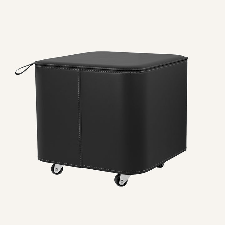 Elegante contenitore di design in acciaio e cuoio PUFFO - Nero