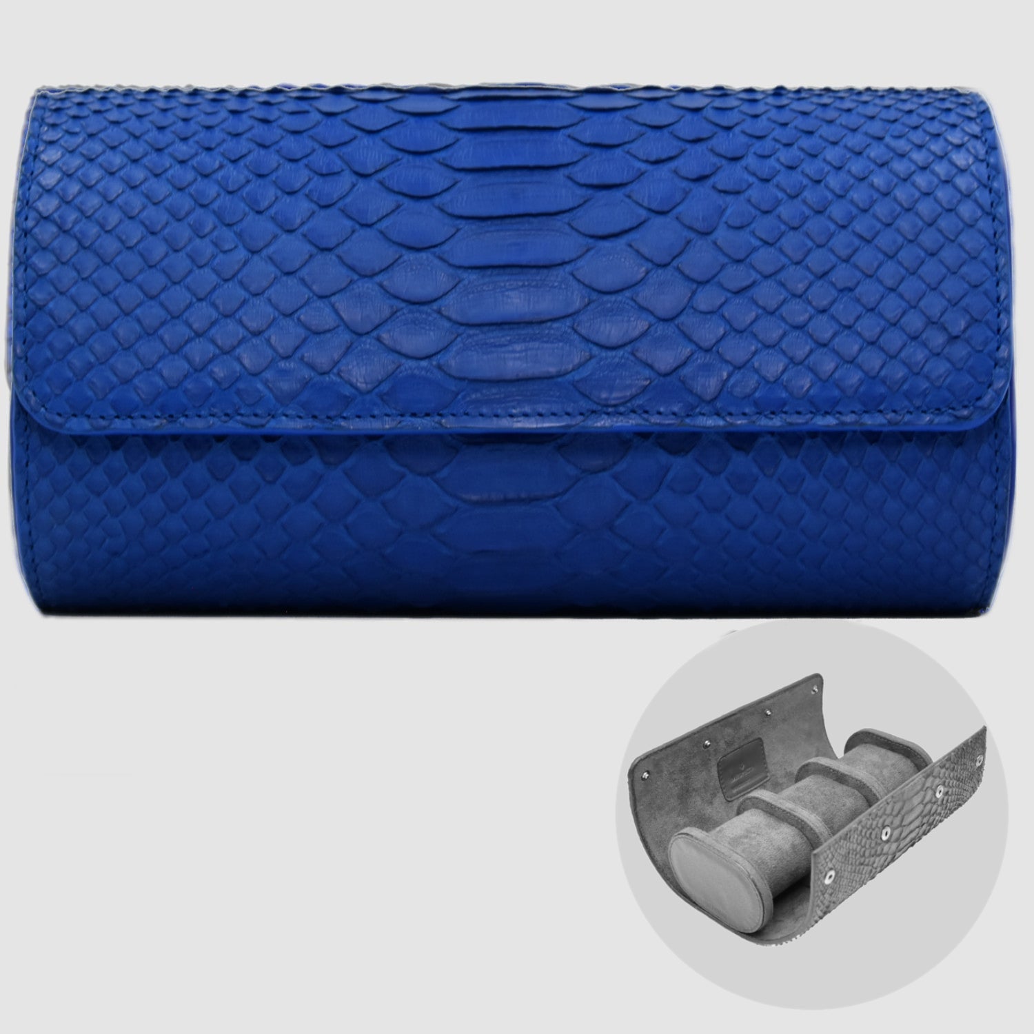 Portaorologio Watch Roll in Pelle di Pitone Blu  Cobalto Personalizzato 3 slots per 3 orologi