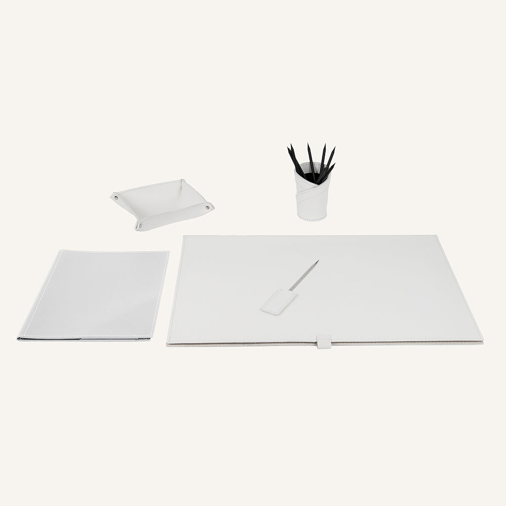 Set accessori scrivania in cuoio ARISTOTELE 5pz. - Bianco