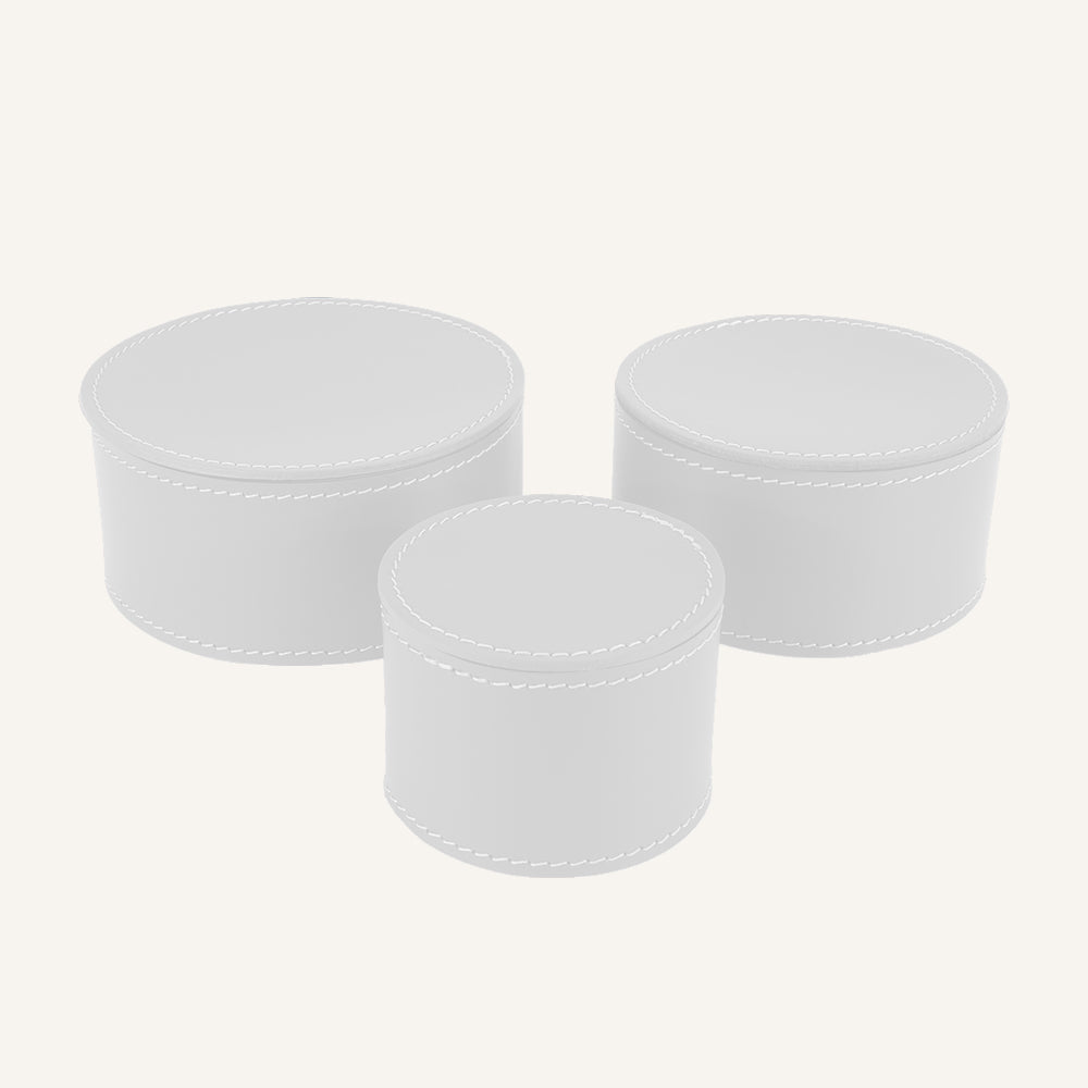 Set di tre contenitori in cuoio con coperchio CLAUDIA - Bianco