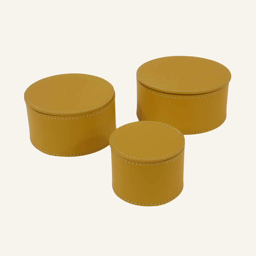 Set di tre contenitori in cuoio con coperchio CLAUDIA - Giallo