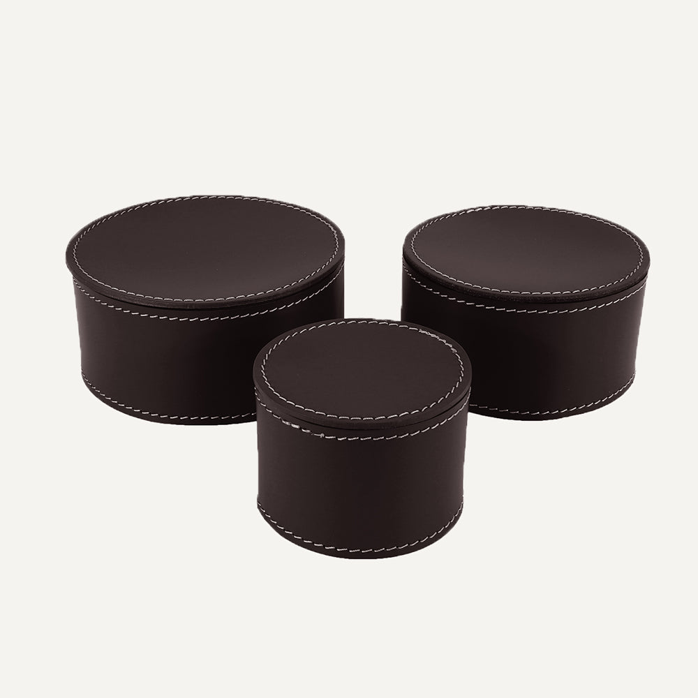 Set di tre contenitori in cuoio con coperchio CLAUDIA - Marrone scuro