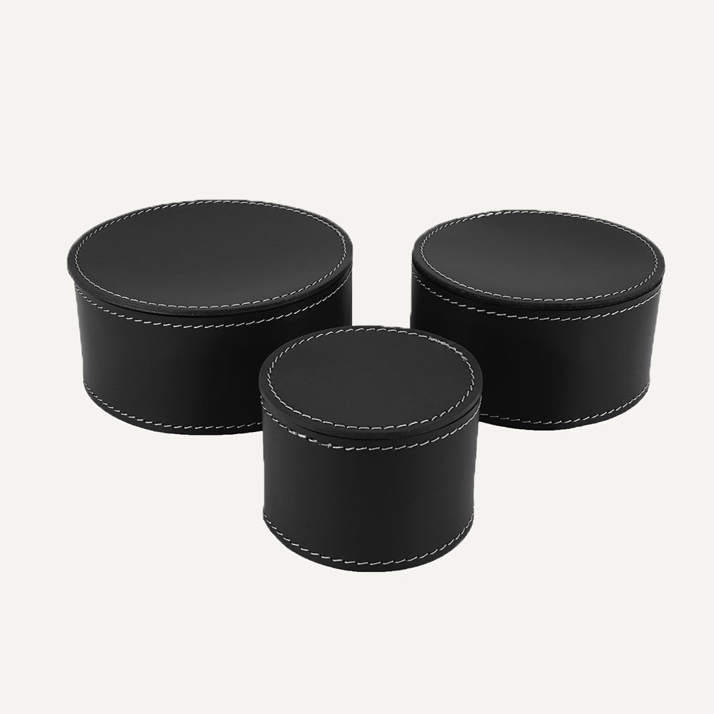 Set di tre contenitori in cuoio con coperchio CLAUDIA - Nero