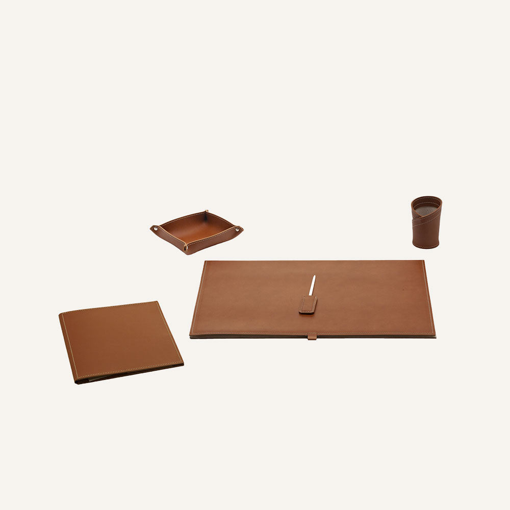 Set accessori scrivania in cuoio ARISTOTELE 5pz. - Marrone