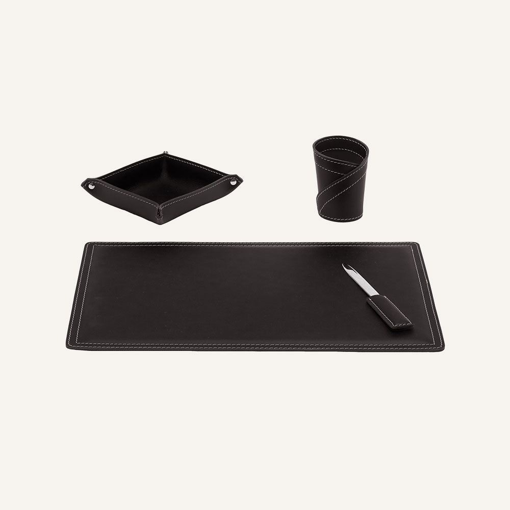 Set accessori da scrivania in cuoio ASCANIO 4pz. - Marrone scuro