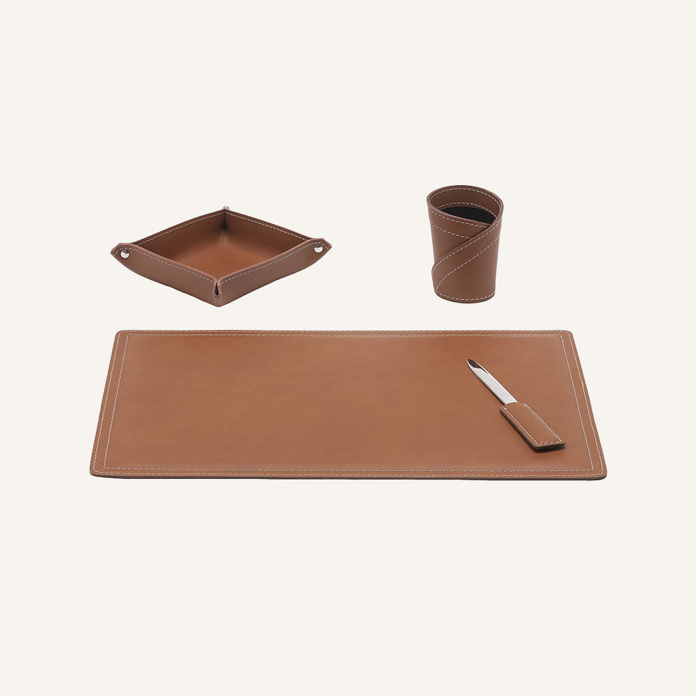 Set accessori da scrivania in cuoio ASCANIO 4pz. - Marrone