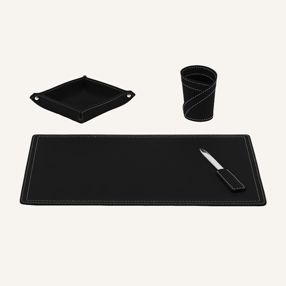 Set accessori da scrivania in cuoio ASCANIO 4pz. - Nero