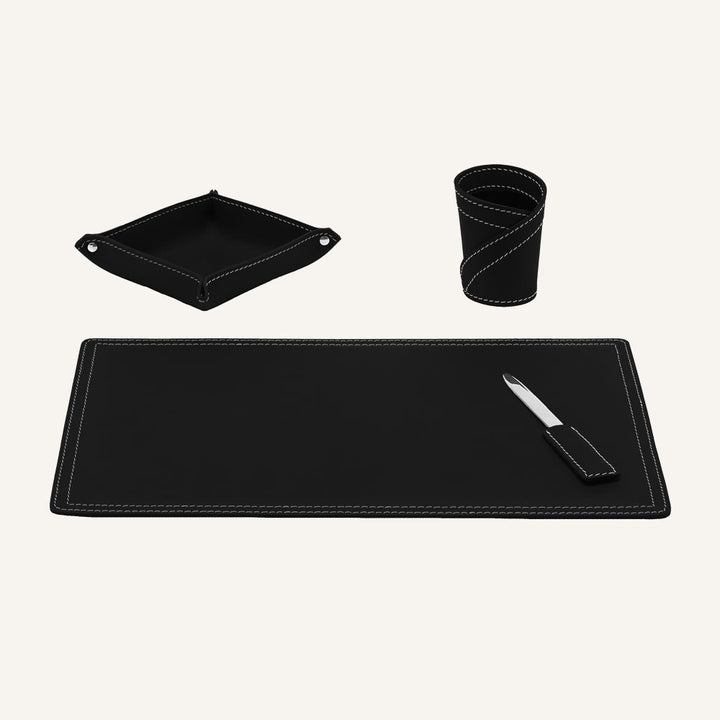 Set accessori da scrivania in cuoio ASCANIO 4pz. - Nero