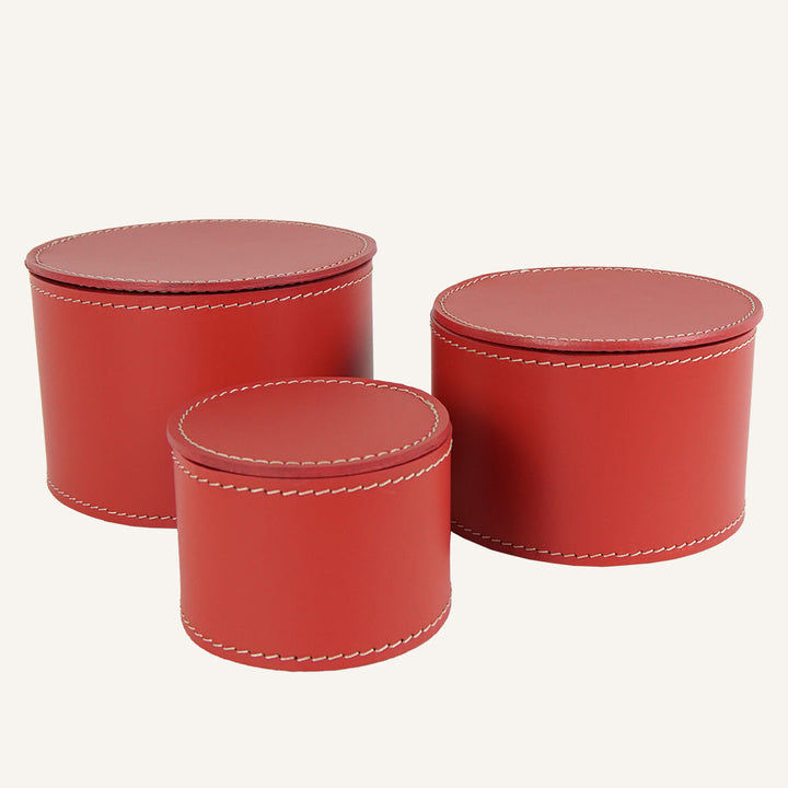 Set di tre contenitori in cuoio con coperchio CLAUDIA - Rosso