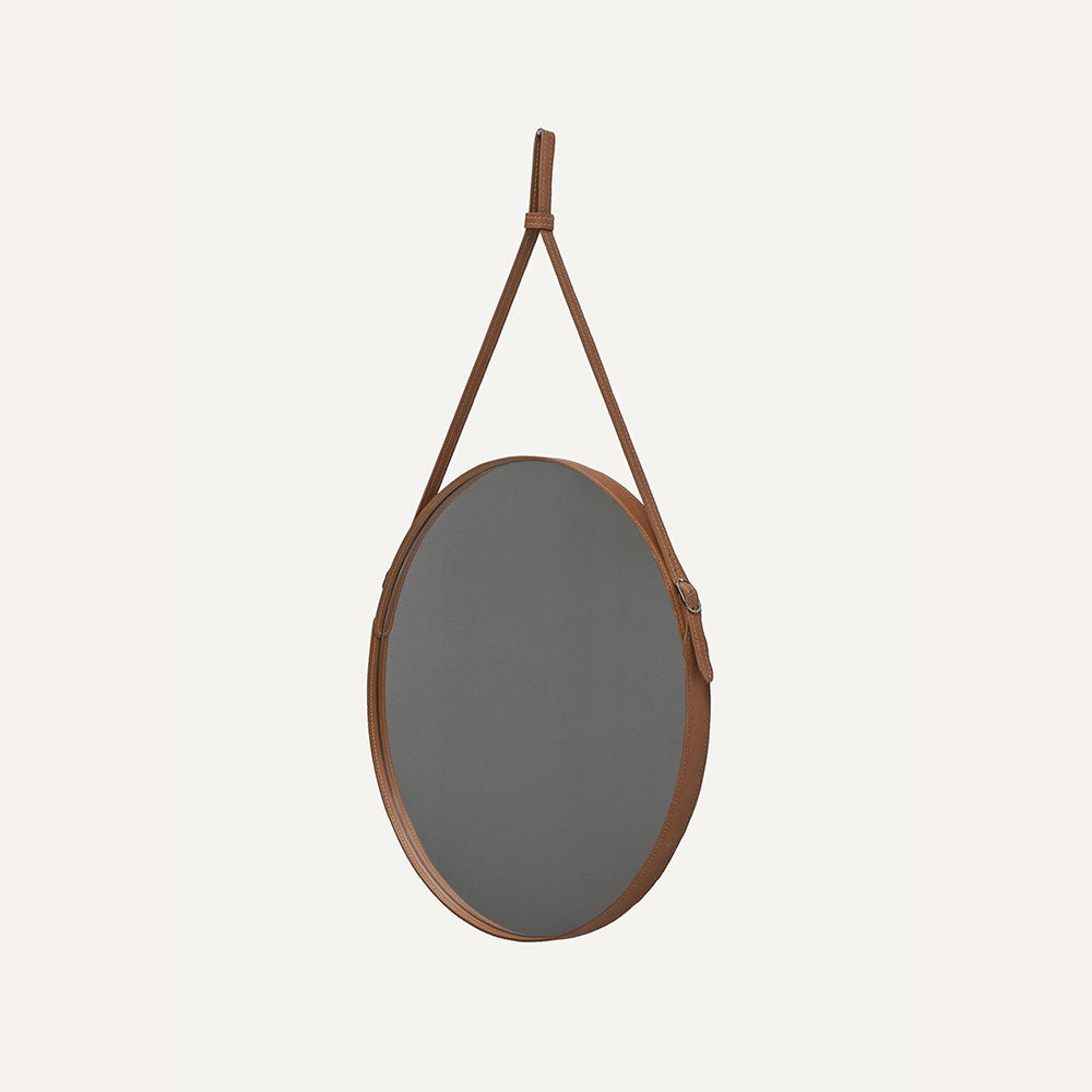 Specchio a muro con cornice in cuoio EFFIGIES - Marrone, 70 Ø