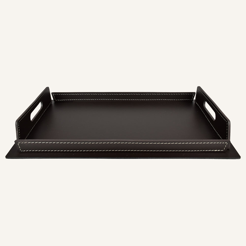 Vassoio di design in acciaio e cuoio TABAKA - Marrone scuro
