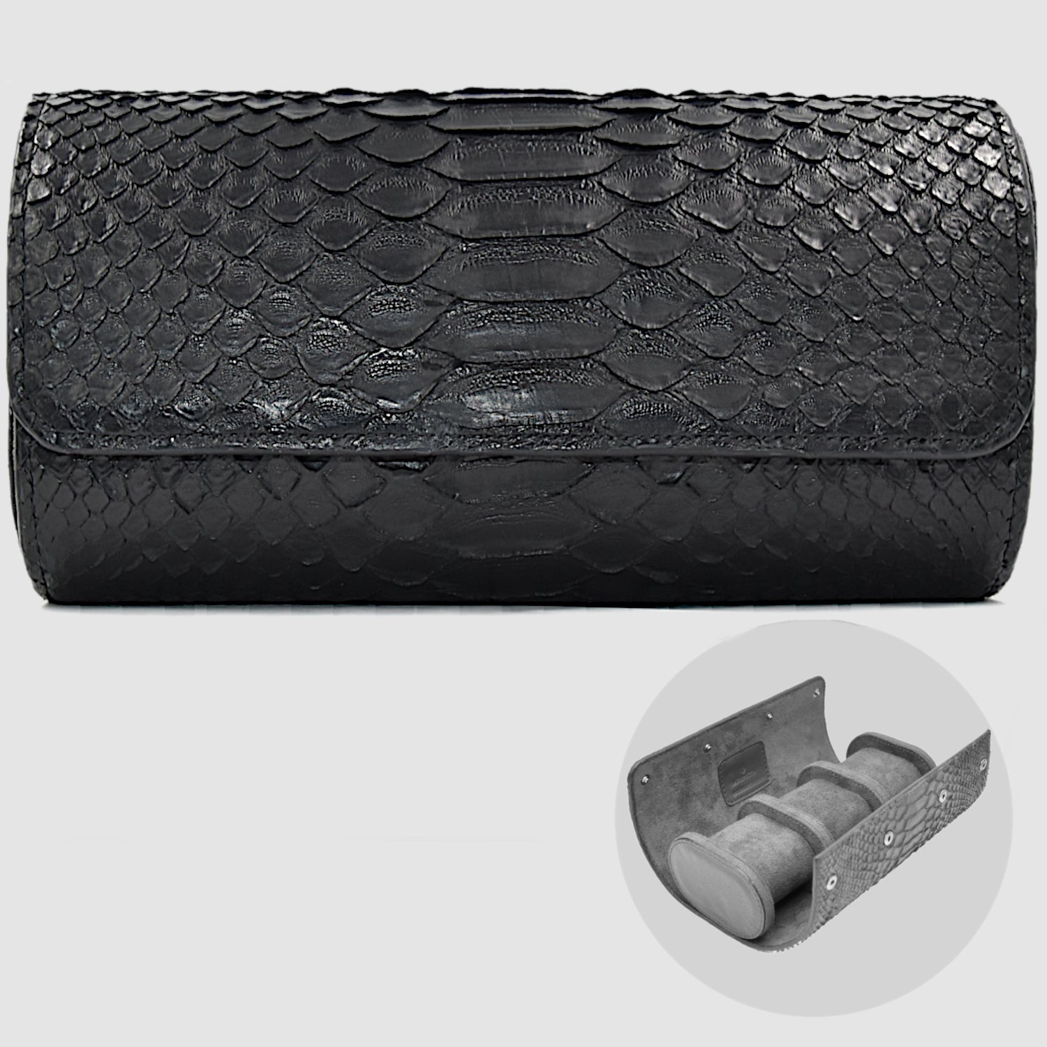 Portaorologio Watch Roll in Pelle di Pitone Nero Personalizzato 3 slots per 3 orologi