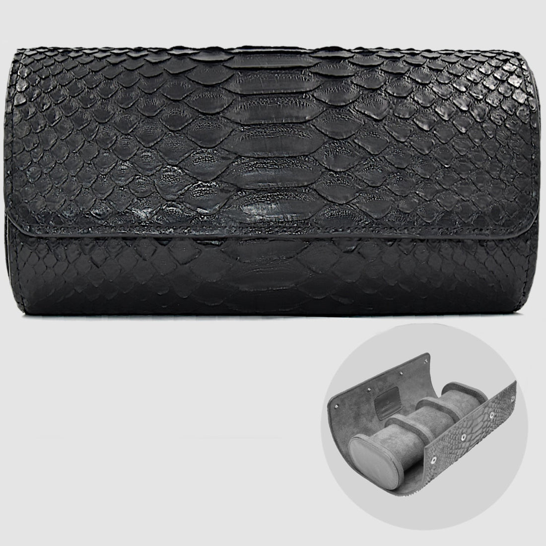 Portaorologio Watch Roll in Pelle di Pitone Nero Personalizzato 3 slots per 3 orologi