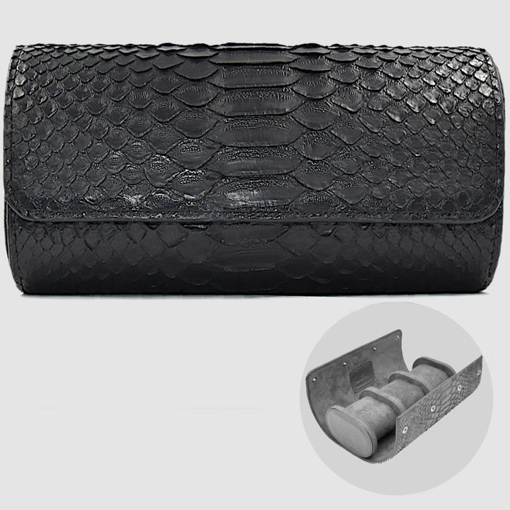 Portaorologio Watch Roll in Pelle di Pitone Nero Personalizzato 3 slots per 3 orologi